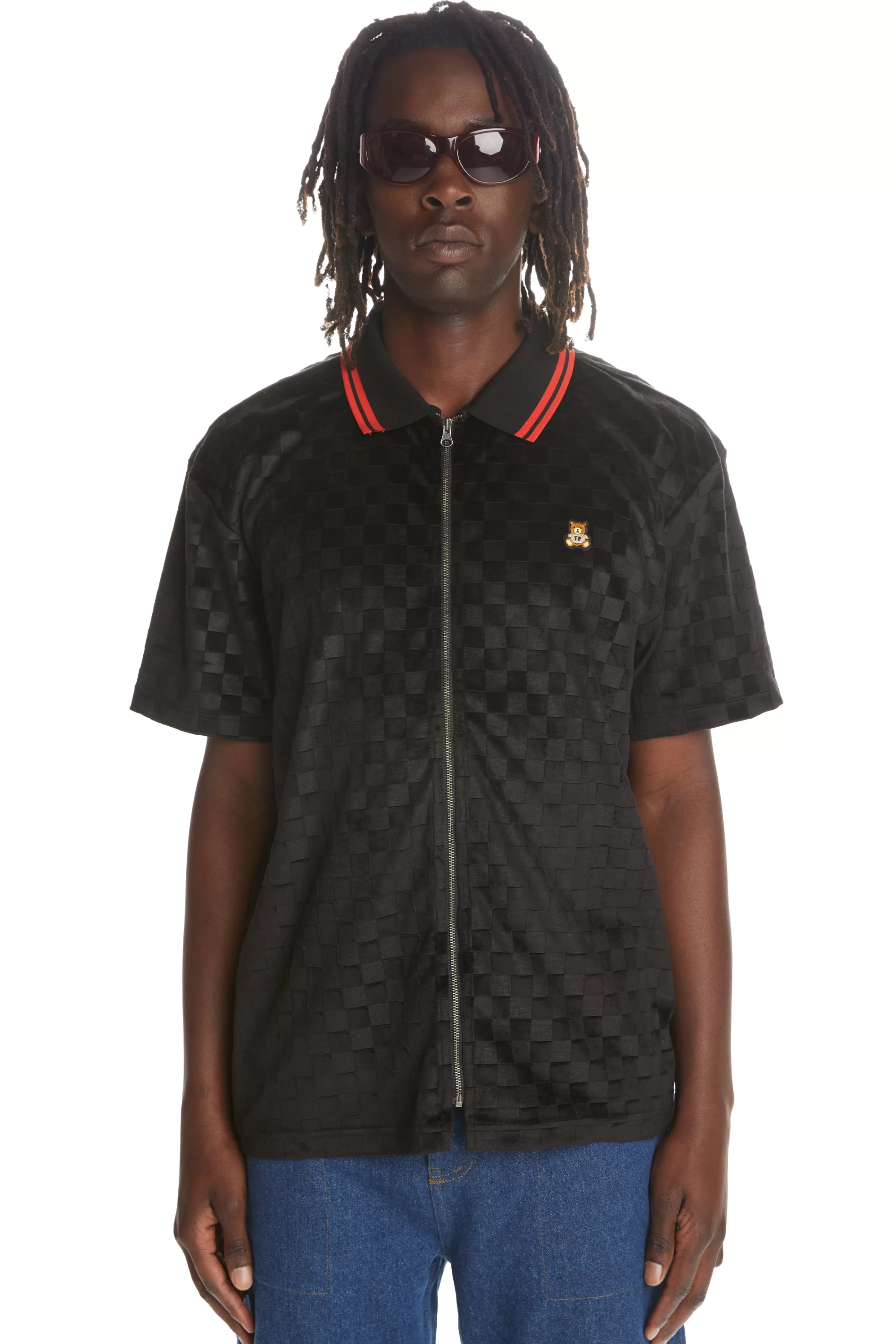 Embossed Checker Velour Zip Shirt-Teddy Fresh Hot