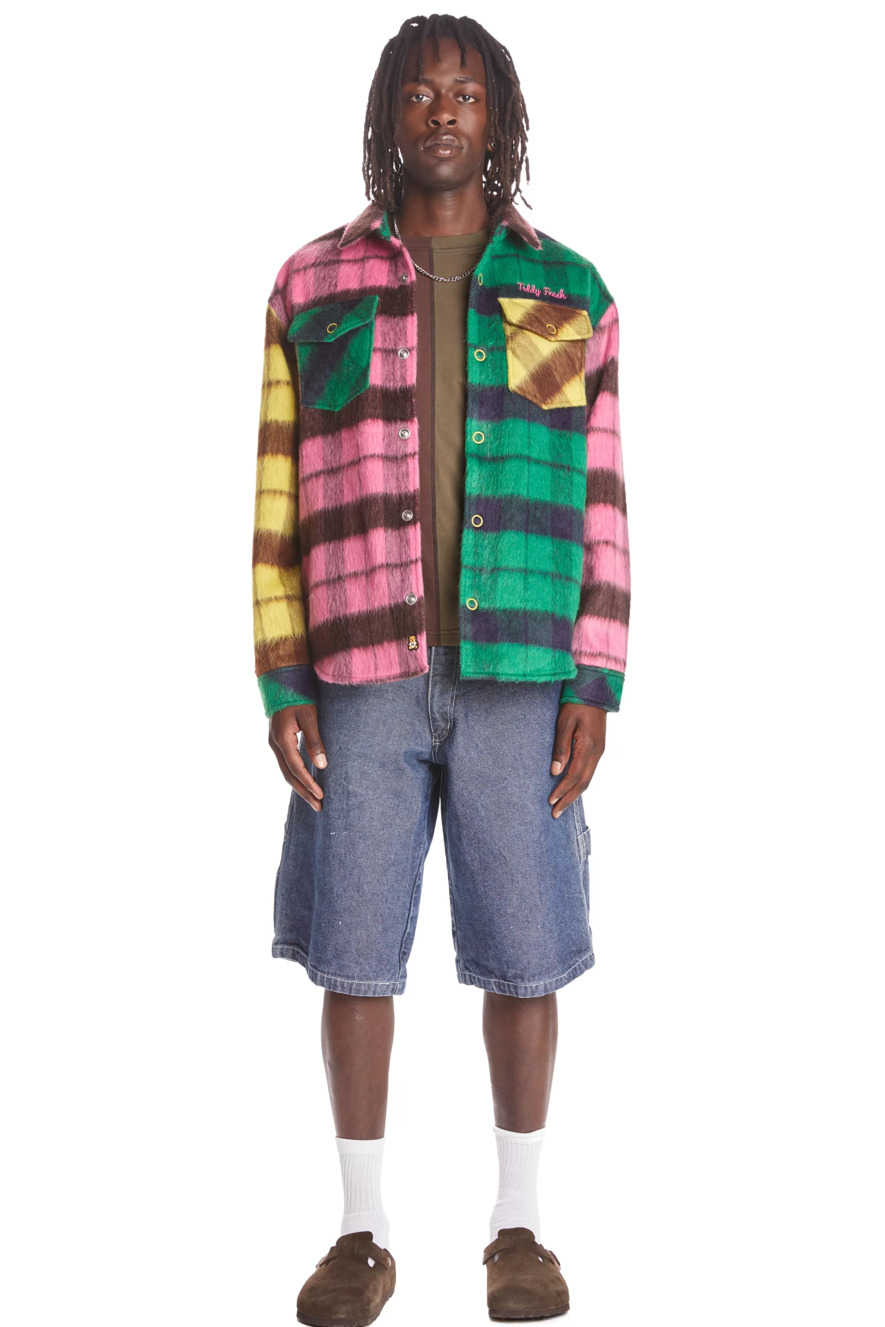 Fuzzy Plaid Snap Shacket-Teddy Fresh New