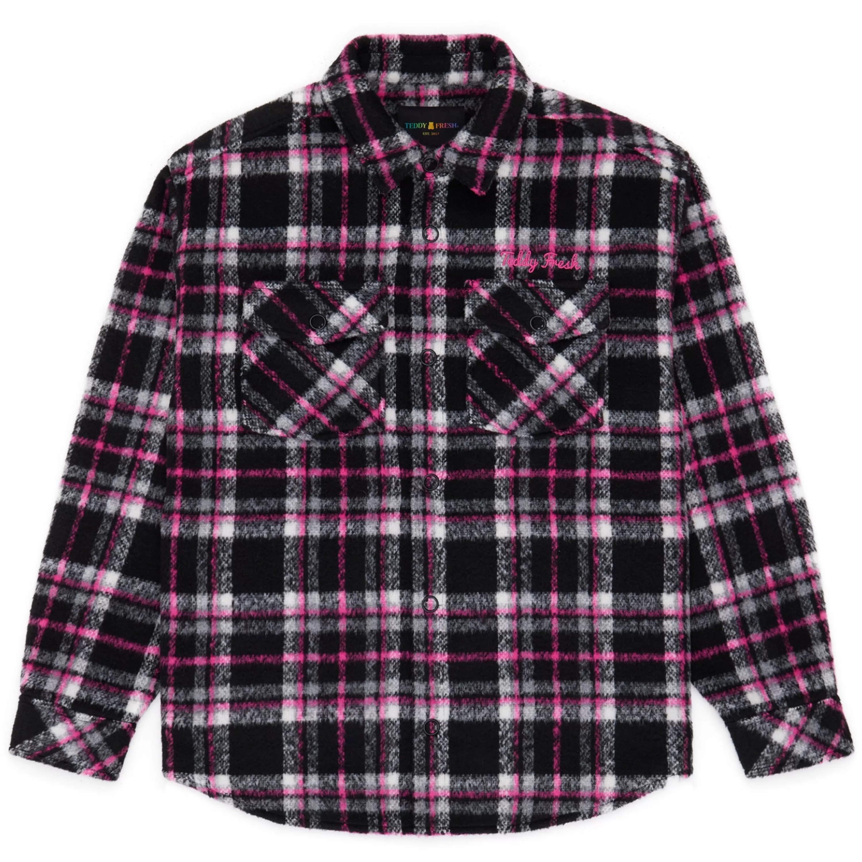 Fuzzy Plaid Snap Shacket-Teddy Fresh New