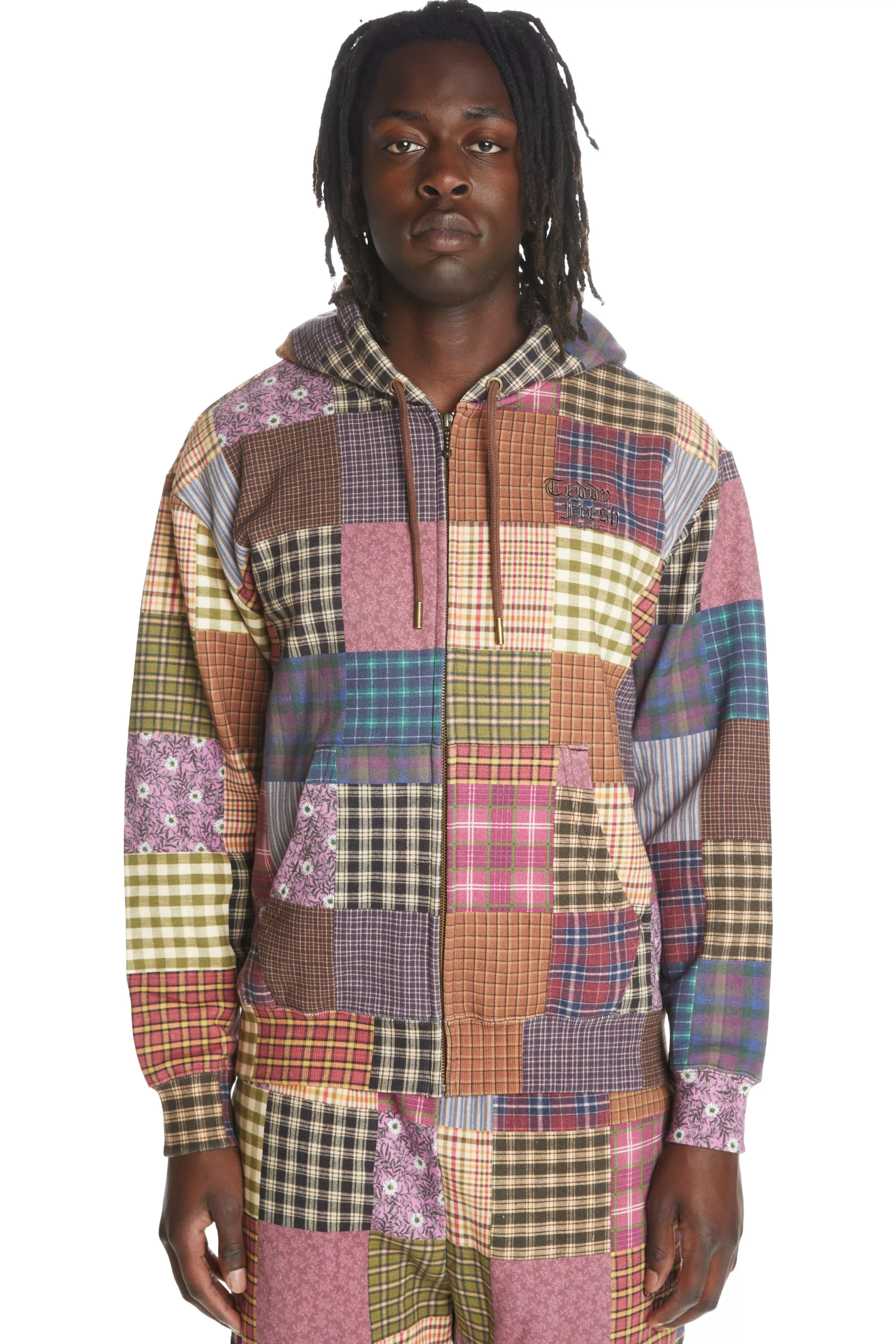 Quilt Print Zip Hoodie-Teddy Fresh Clearance