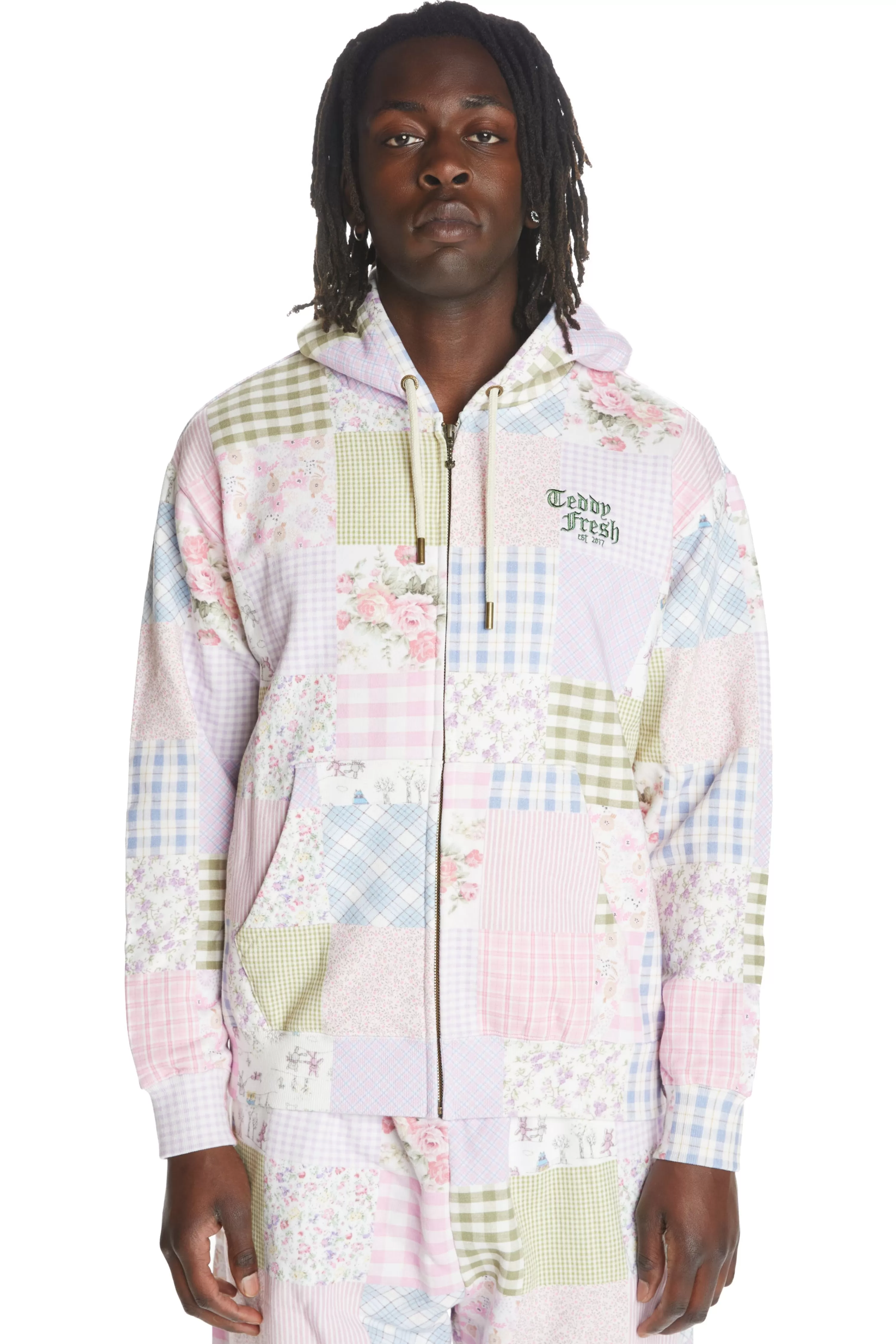 Quilt Print Zip Hoodie-Teddy Fresh Clearance